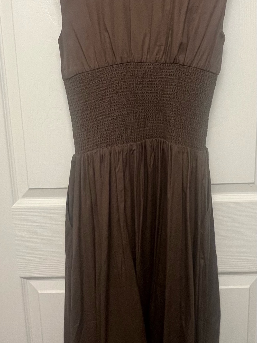 Anthropologie Brown Cap-Sleeve Smocked Front-Zip Midi Dress - Picture 4 of 4